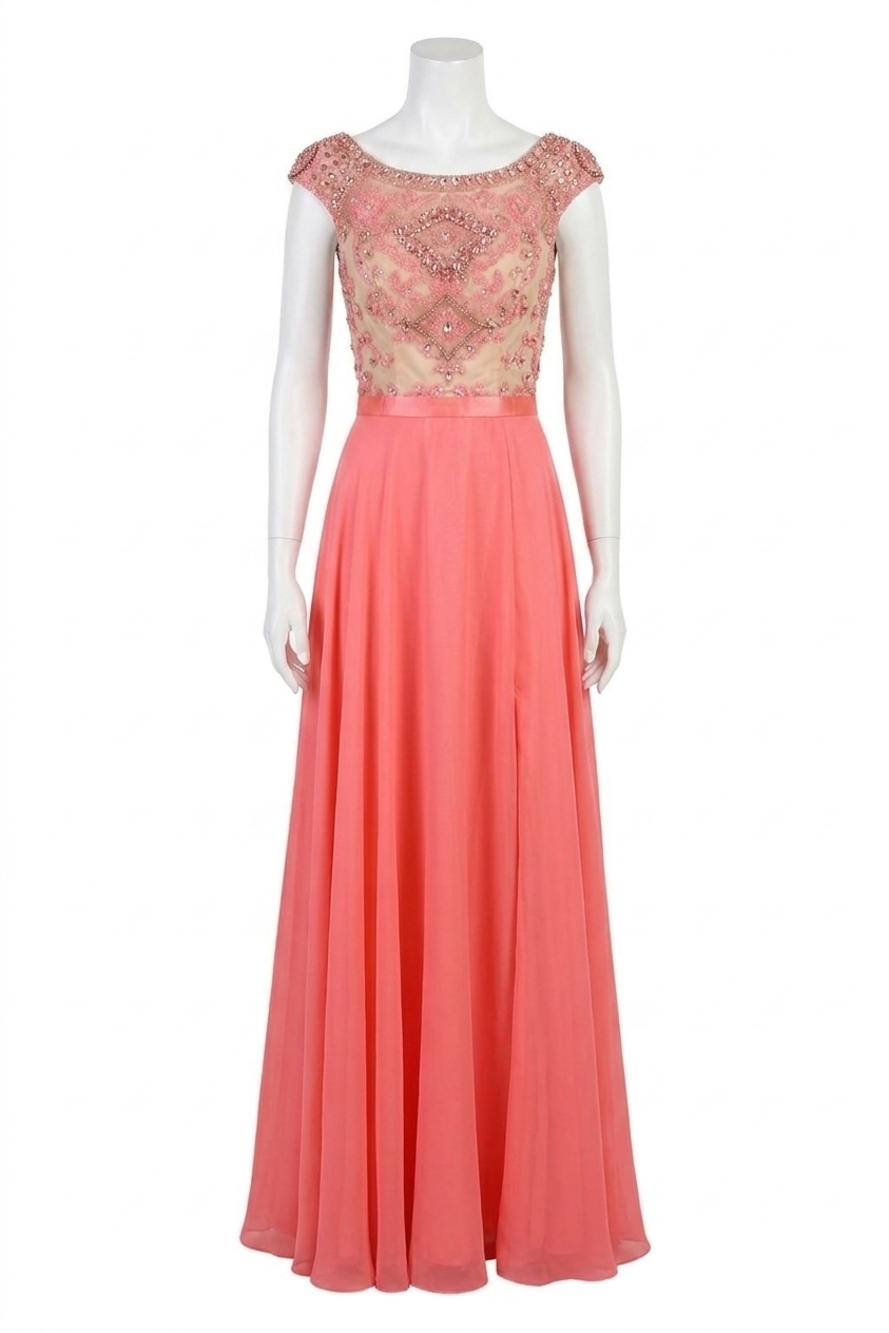 NEW SHERRI HILL embellished long prom dress in fuchsia/nude